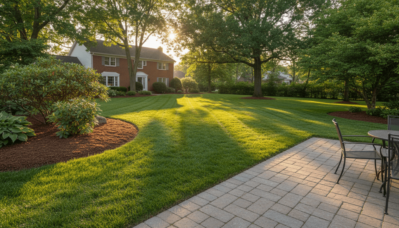 Professional lawn care and hardscape work in Akron backyard showing fresh mowing and mulch landscaping