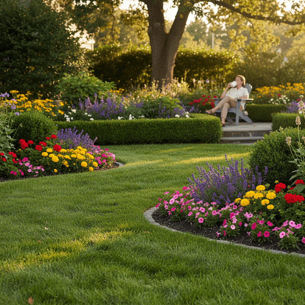 Well-maintained residential yard with healthy lawn and plants