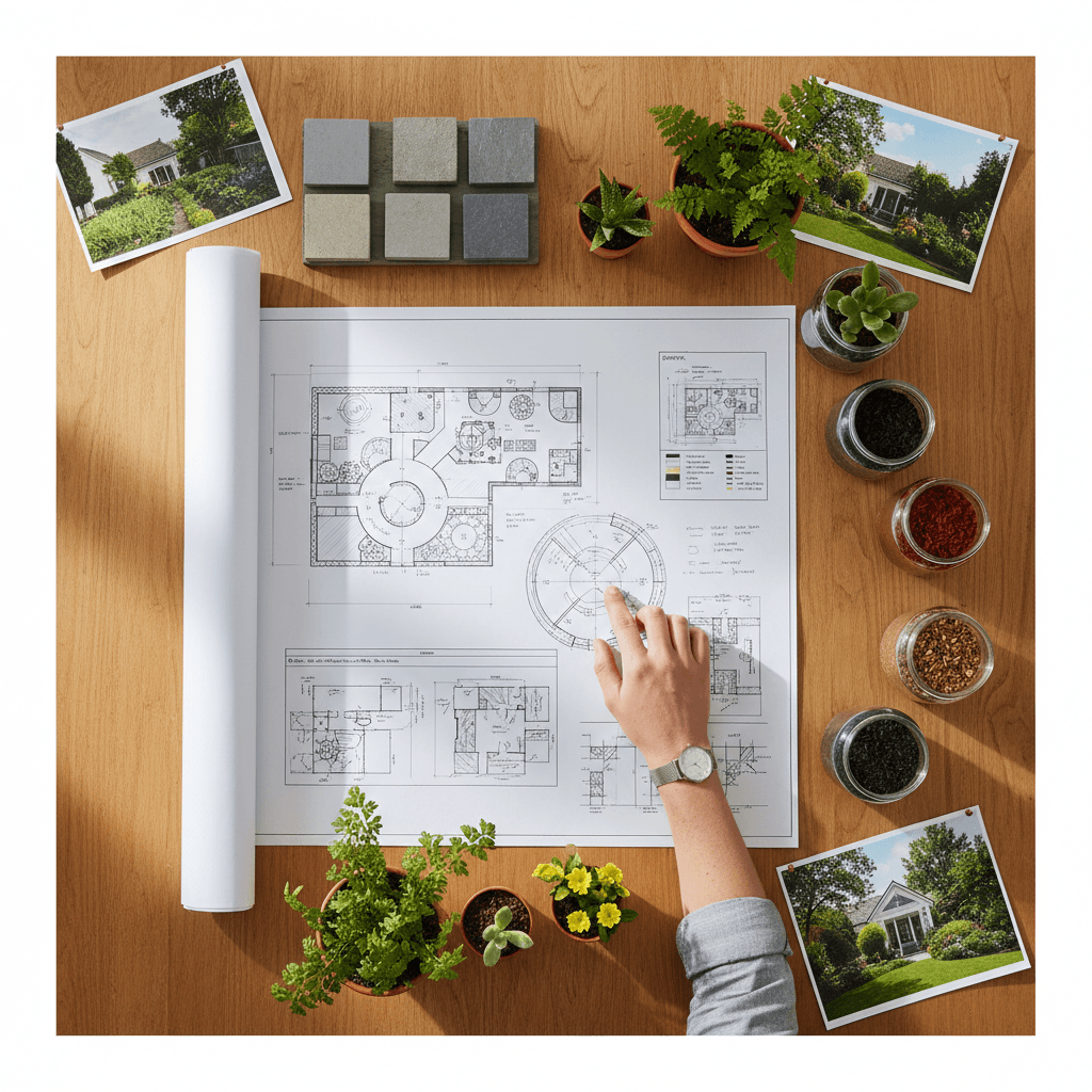 Landscape design plans and material samples on work table