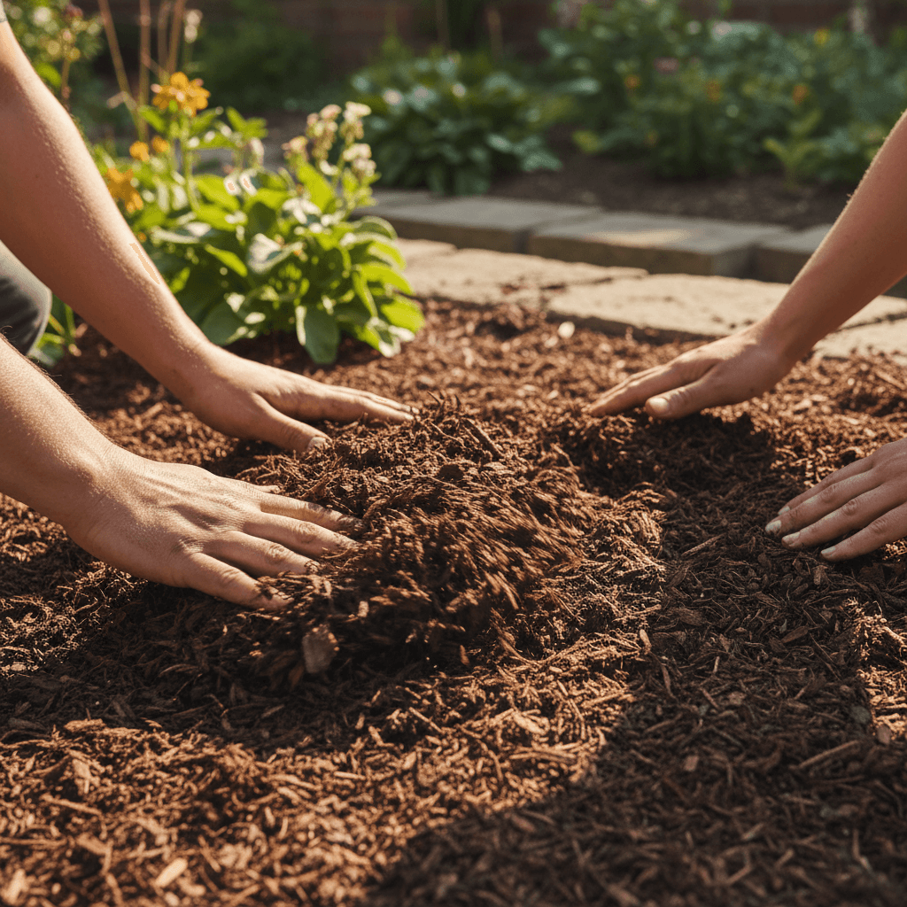 Hands spreading fresh dark mulch in garden bed