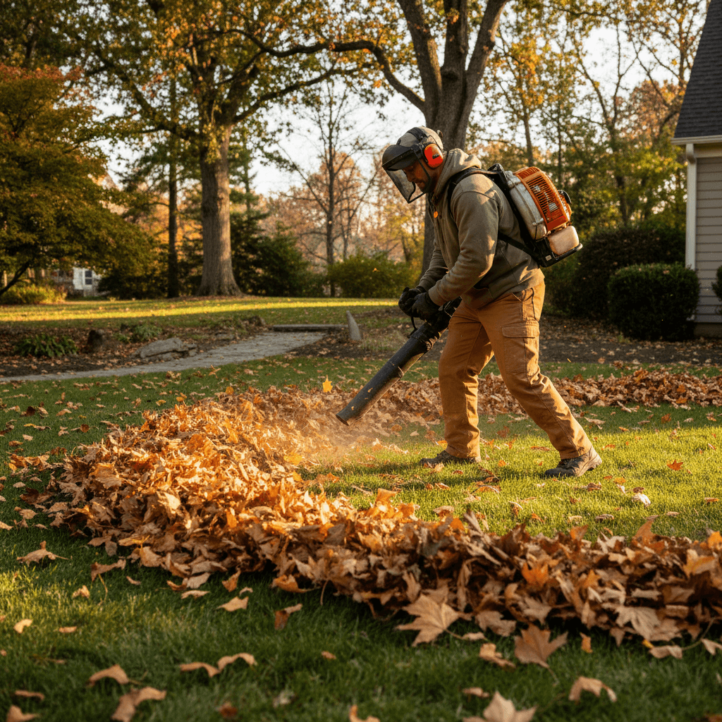 Landscaper clearing leaves and debris from residential yard