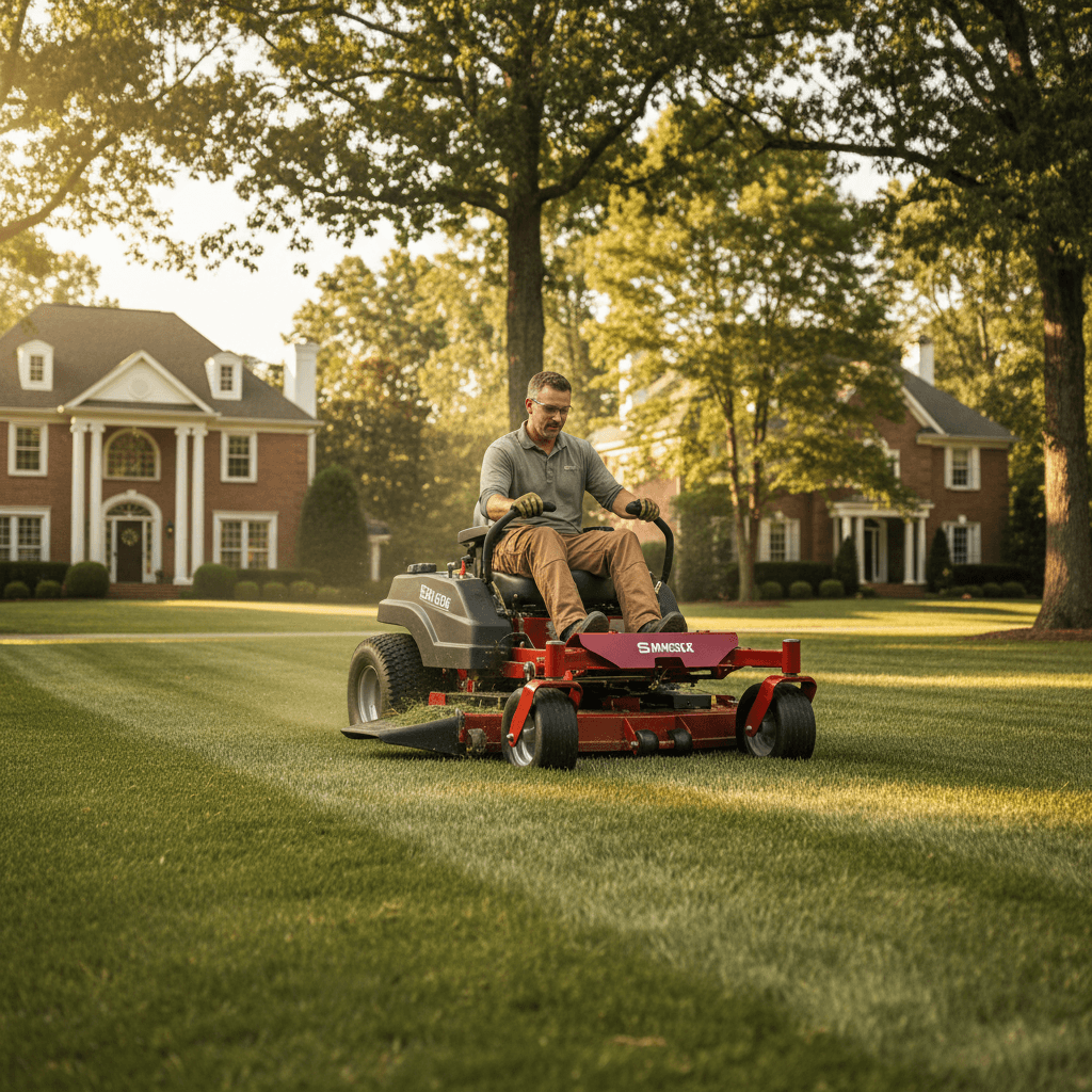 Professional landscaper operating commercial mower on residential lawn