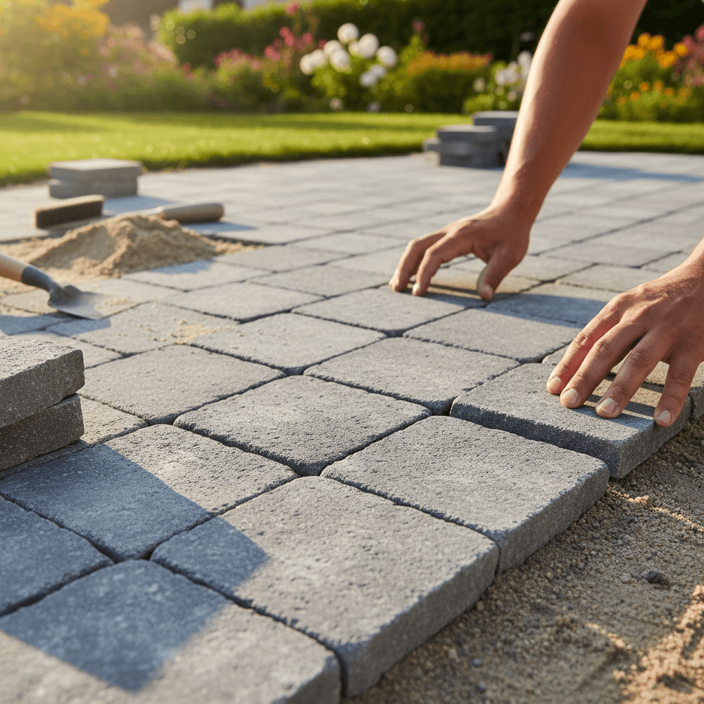 Contractor's hands carefully placing gray stone pavers in precise geometric pattern for residential patio installation